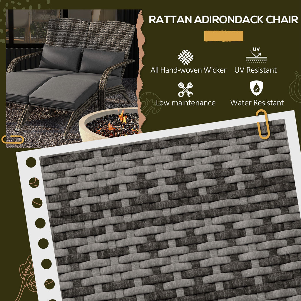 Wicker Adirondack Chair for 2 with Cushions & Footrests, PE Rattan Double Chaise Lounge Chair, Fire Pit Chair for Porch with High-back, Wide Armrests, Mixed Gray
