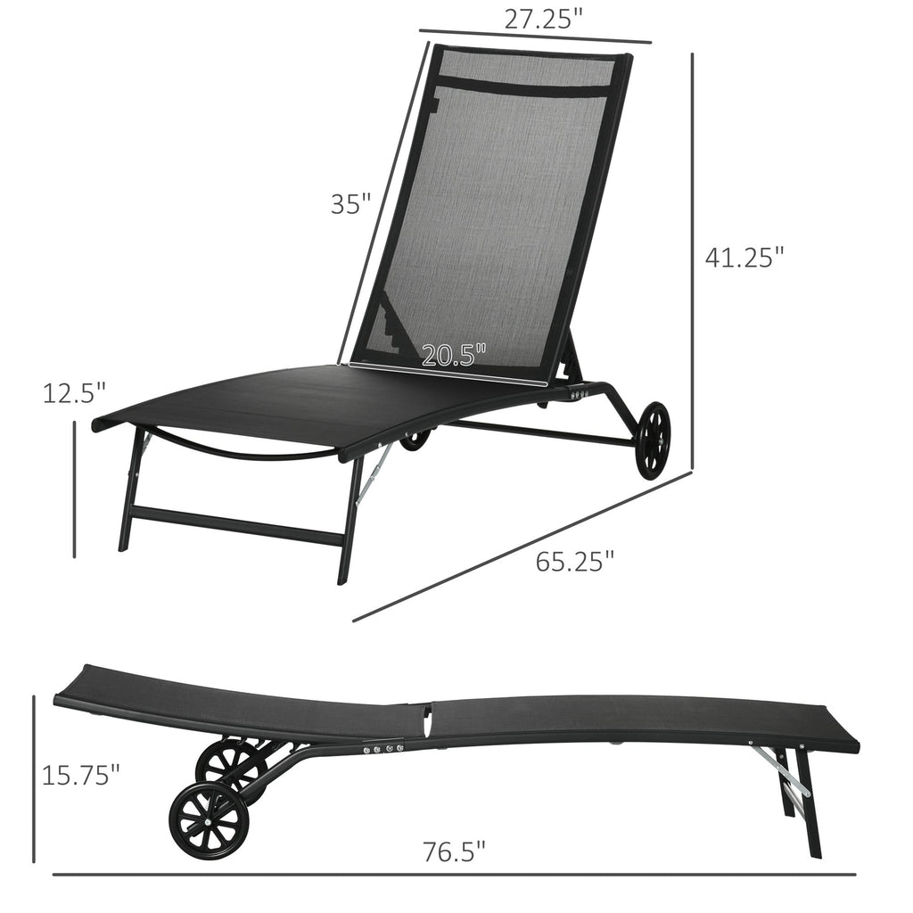 Chaise Lounge Outdoor, 2 Piece Lounge Chair with Wheels, Tanning Chair with 5 Adjustable Positions for Patio, Beach, Yard, Pool, Black
