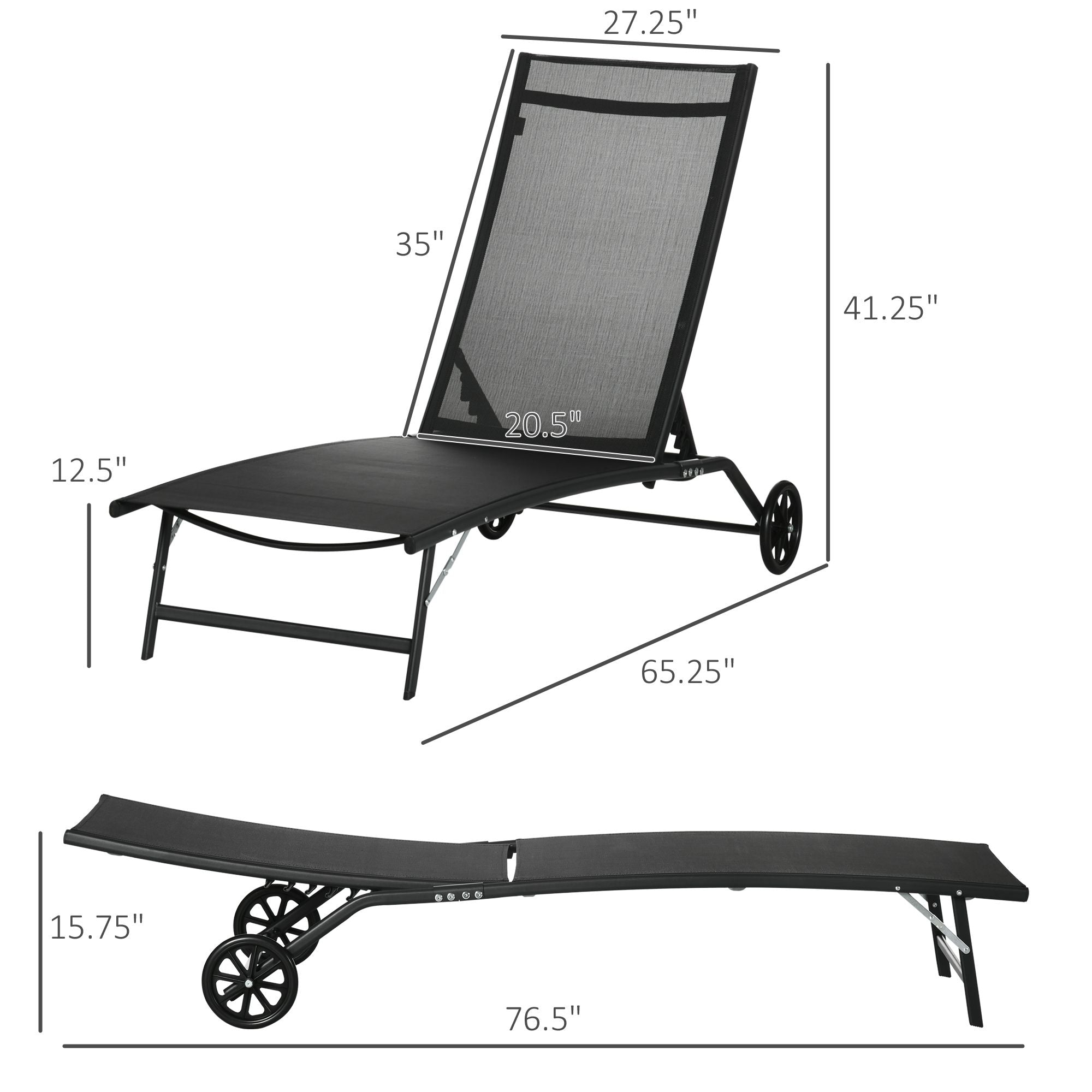 Chaise Lounge Outdoor, 2 Piece Lounge Chair with Wheels, Tanning Chair with 5 Adjustable Positions for Patio, Beach, Yard, Pool, Black