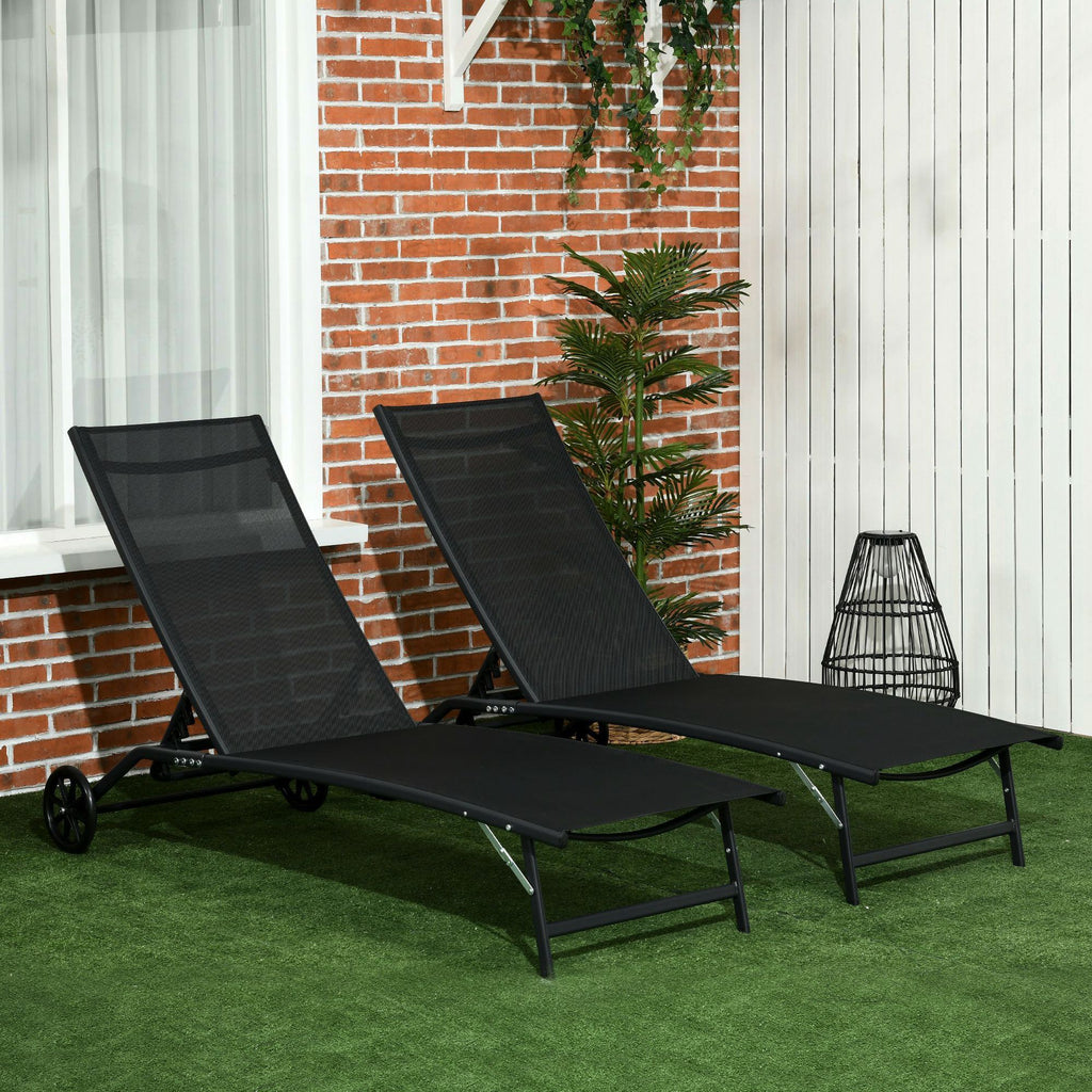 Chaise Lounge Outdoor, 2 Piece Lounge Chair with Wheels, Tanning Chair with 5 Adjustable Positions for Patio, Beach, Yard, Pool, Black