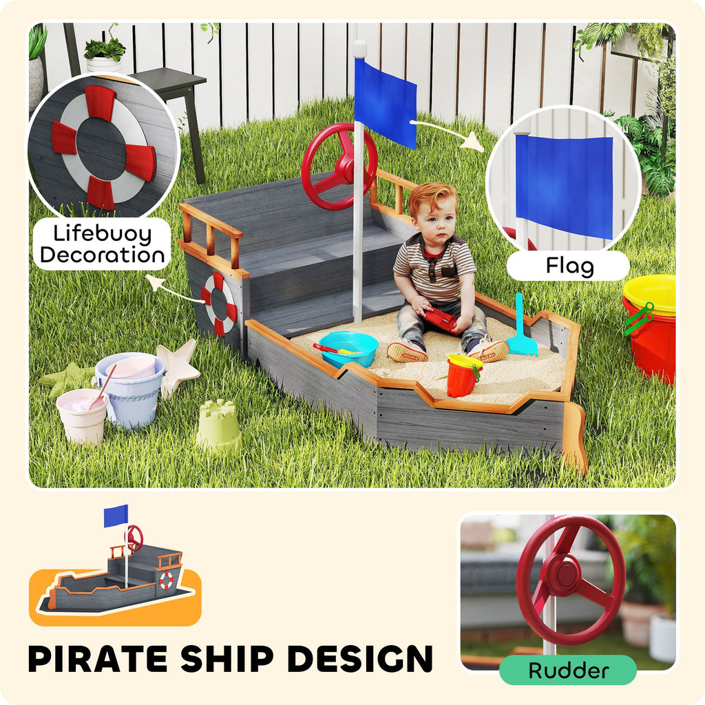 Kids Wooden Sandbox Pirate Ship Sandboat w/ Bench Seat Storage Space Ceder Wood, Gray