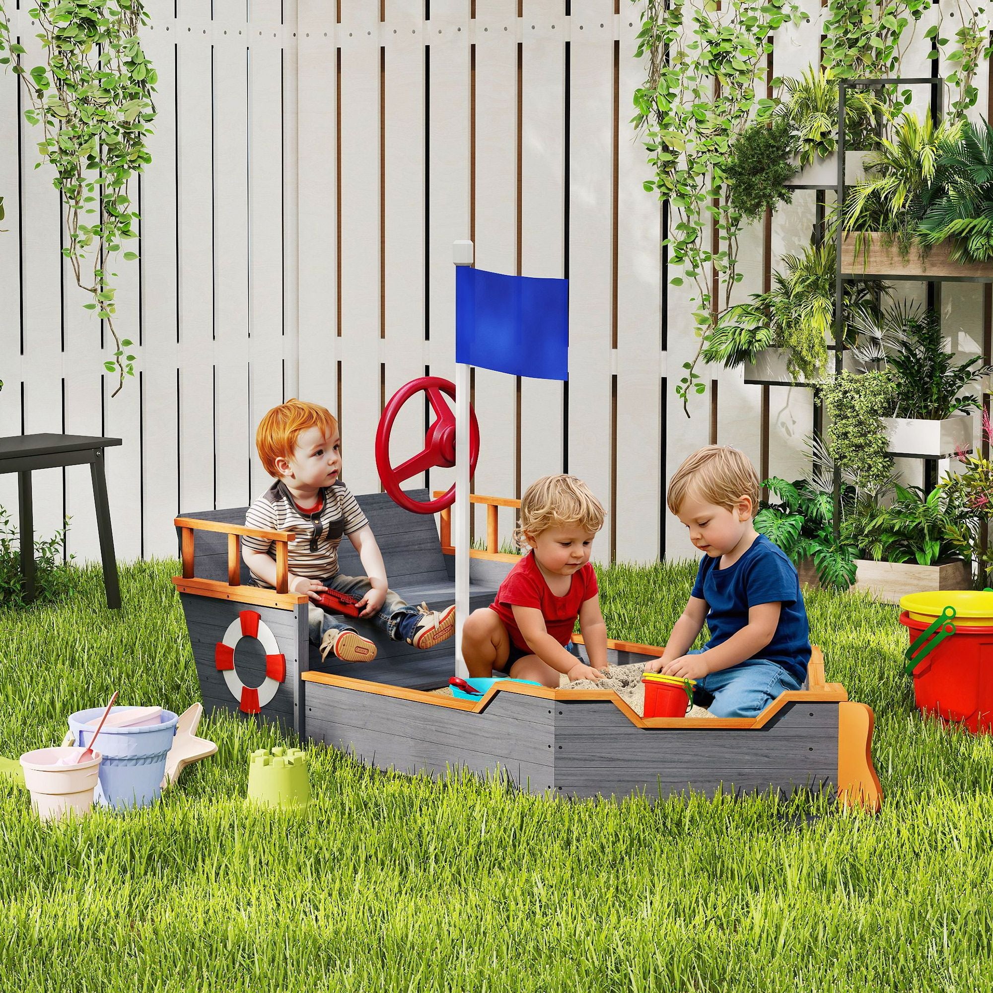 Kids Wooden Sandbox Pirate Ship Sandboat w/ Bench Seat Storage Space Ceder Wood, Gray