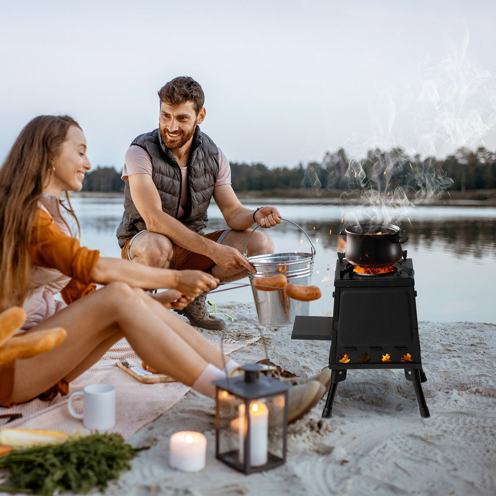 Portable Camping Stove with Detachable Iron Panels Black 27x27x34cm Lightweight Foldable Outdoor Wood Burning Fire Pit for Picnic BBQ Hiking Backpacking Compact Campfire Cooking Heater