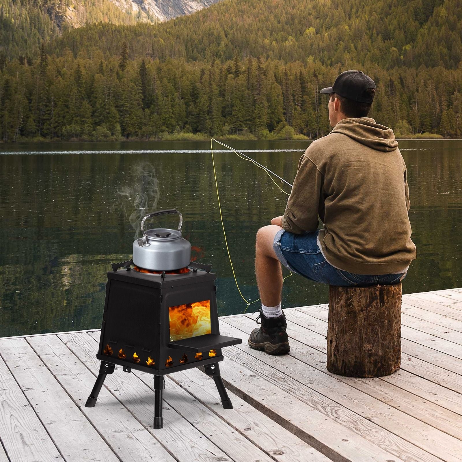 Portable Camping Stove with Detachable Iron Panels Black 27x27x34cm Lightweight Foldable Outdoor Wood Burning Fire Pit for Picnic BBQ Hiking Backpacking Compact Campfire Cooking Heater