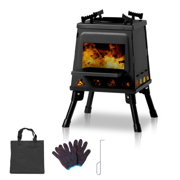 Portable Camping Stove with Detachable Iron Panels Black 27x27x34cm Lightweight Foldable Outdoor Wood Burning Fire Pit for Picnic BBQ Hiking Backpacking Compact Campfire Cooking Heater
