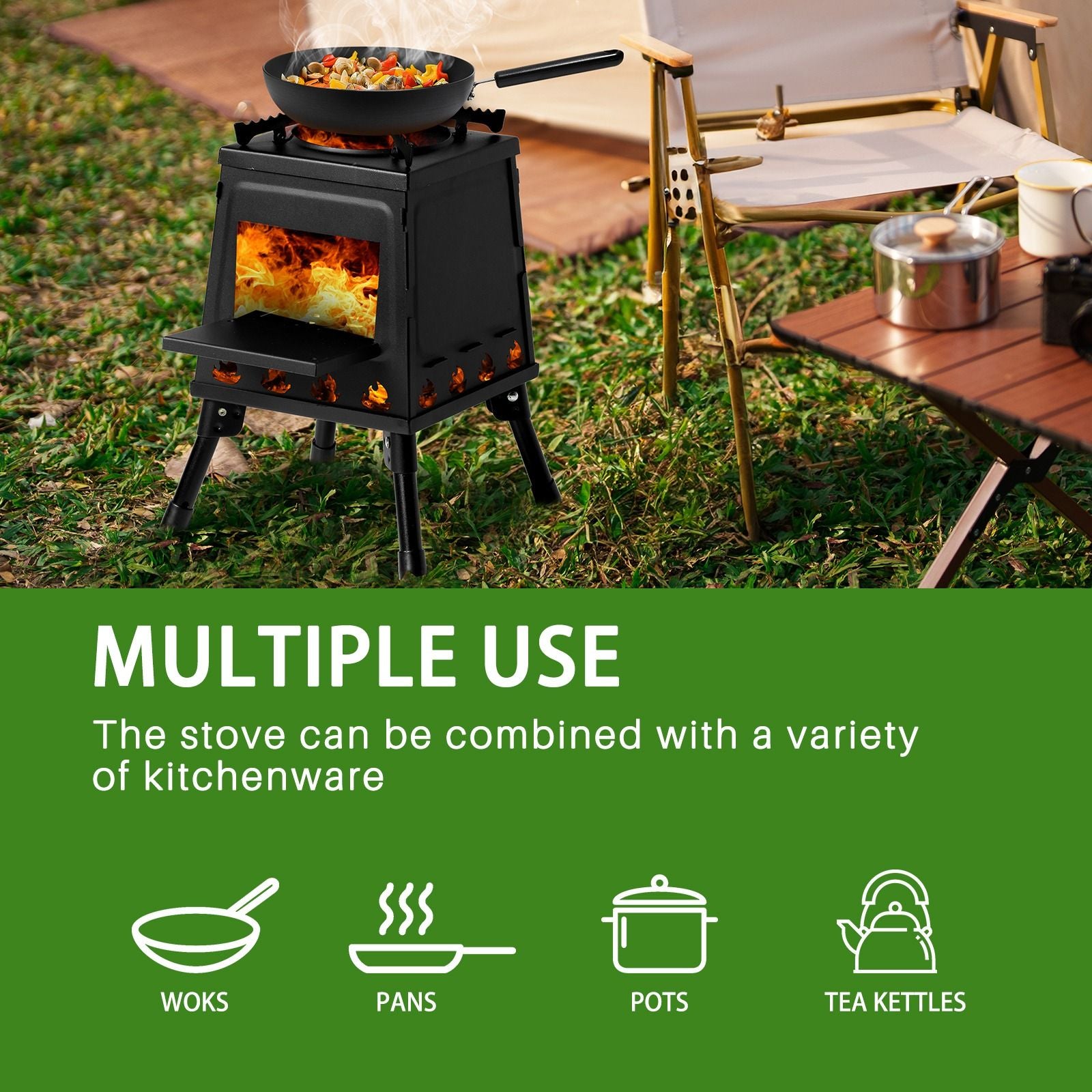 Portable Camping Stove with Detachable Iron Panels Black 27x27x34cm Lightweight Foldable Outdoor Wood Burning Fire Pit for Picnic BBQ Hiking Backpacking Compact Campfire Cooking Heater