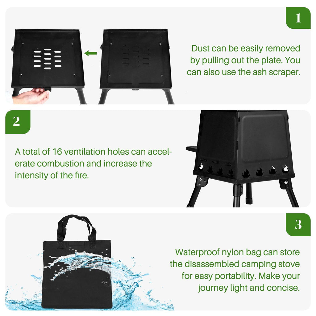 Portable Camping Stove with Detachable Iron Panels Black 27x27x34cm Lightweight Foldable Outdoor Wood Burning Fire Pit for Picnic BBQ Hiking Backpacking Compact Campfire Cooking Heater