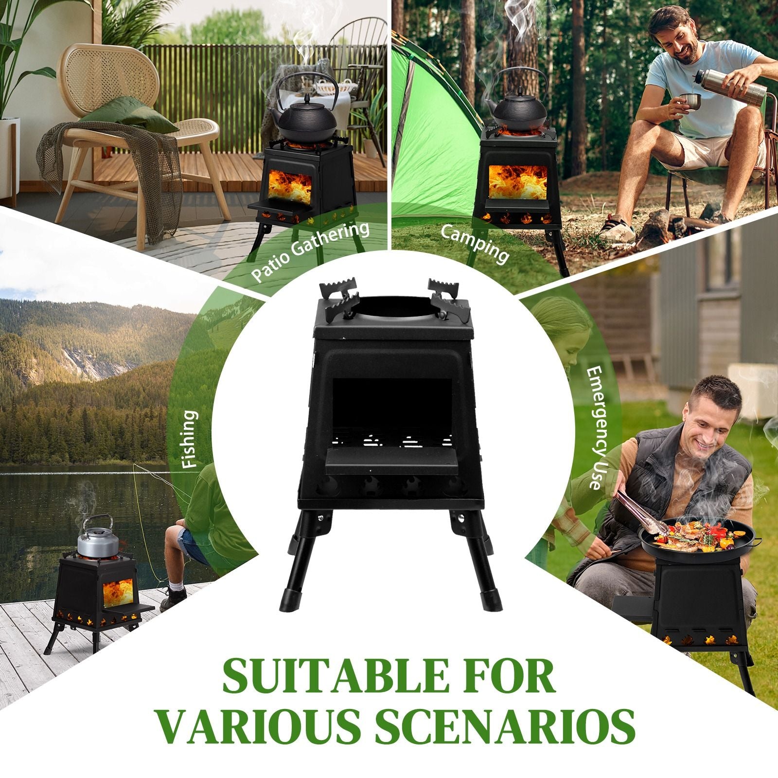 Portable Camping Stove with Detachable Iron Panels Black 27x27x34cm Lightweight Foldable Outdoor Wood Burning Fire Pit for Picnic BBQ Hiking Backpacking Compact Campfire Cooking Heater