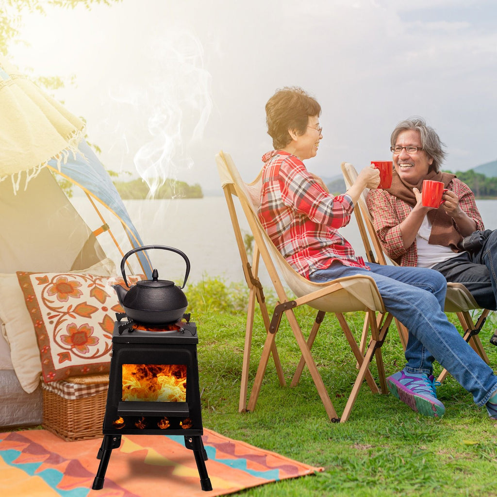 Portable Camping Stove with Detachable Iron Panels Black 27x27x34cm Lightweight Foldable Outdoor Wood Burning Fire Pit for Picnic BBQ Hiking Backpacking Compact Campfire Cooking Heater