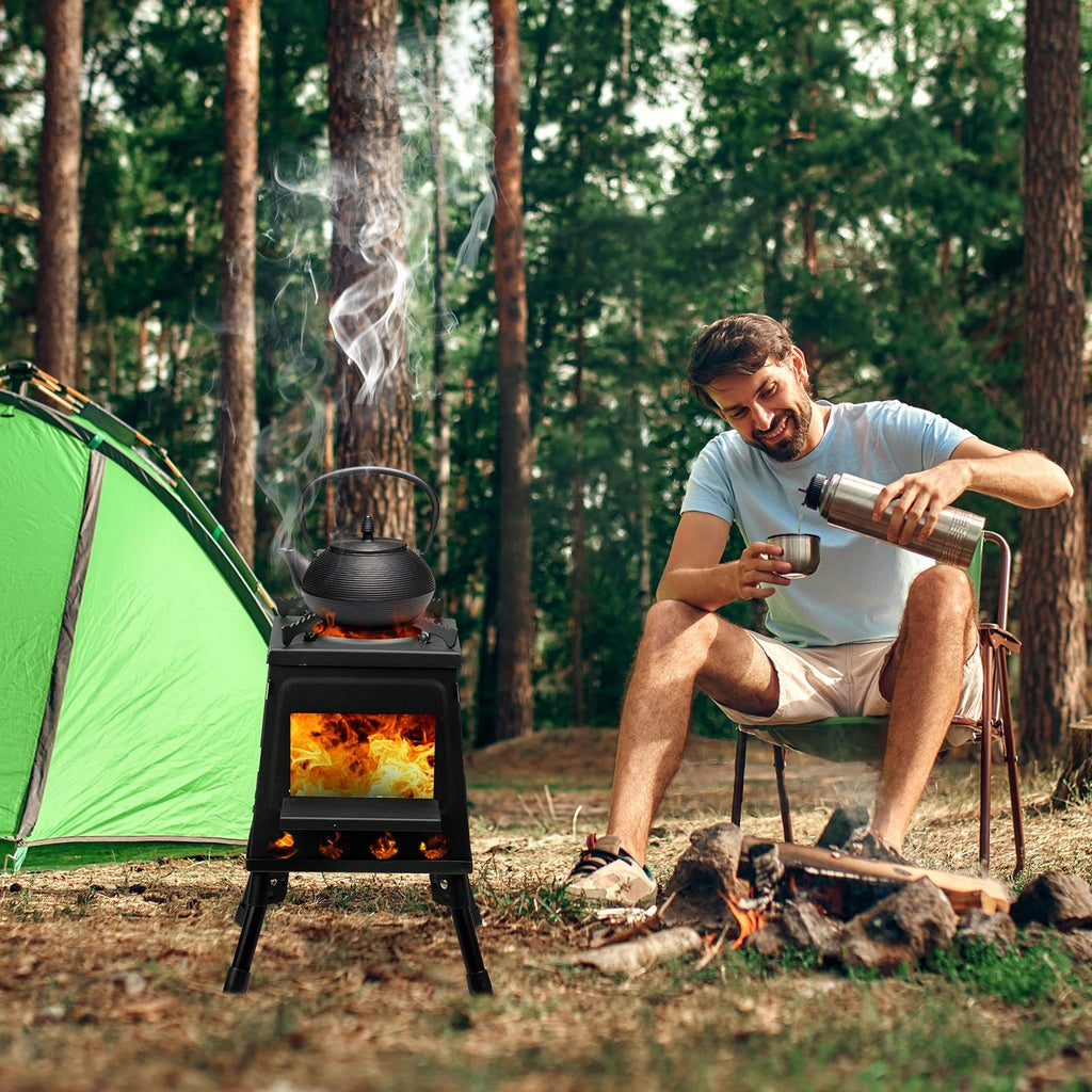 Portable Camping Stove with Detachable Iron Panels Black 27x27x34cm Lightweight Foldable Outdoor Wood Burning Fire Pit for Picnic BBQ Hiking Backpacking Compact Campfire Cooking Heater