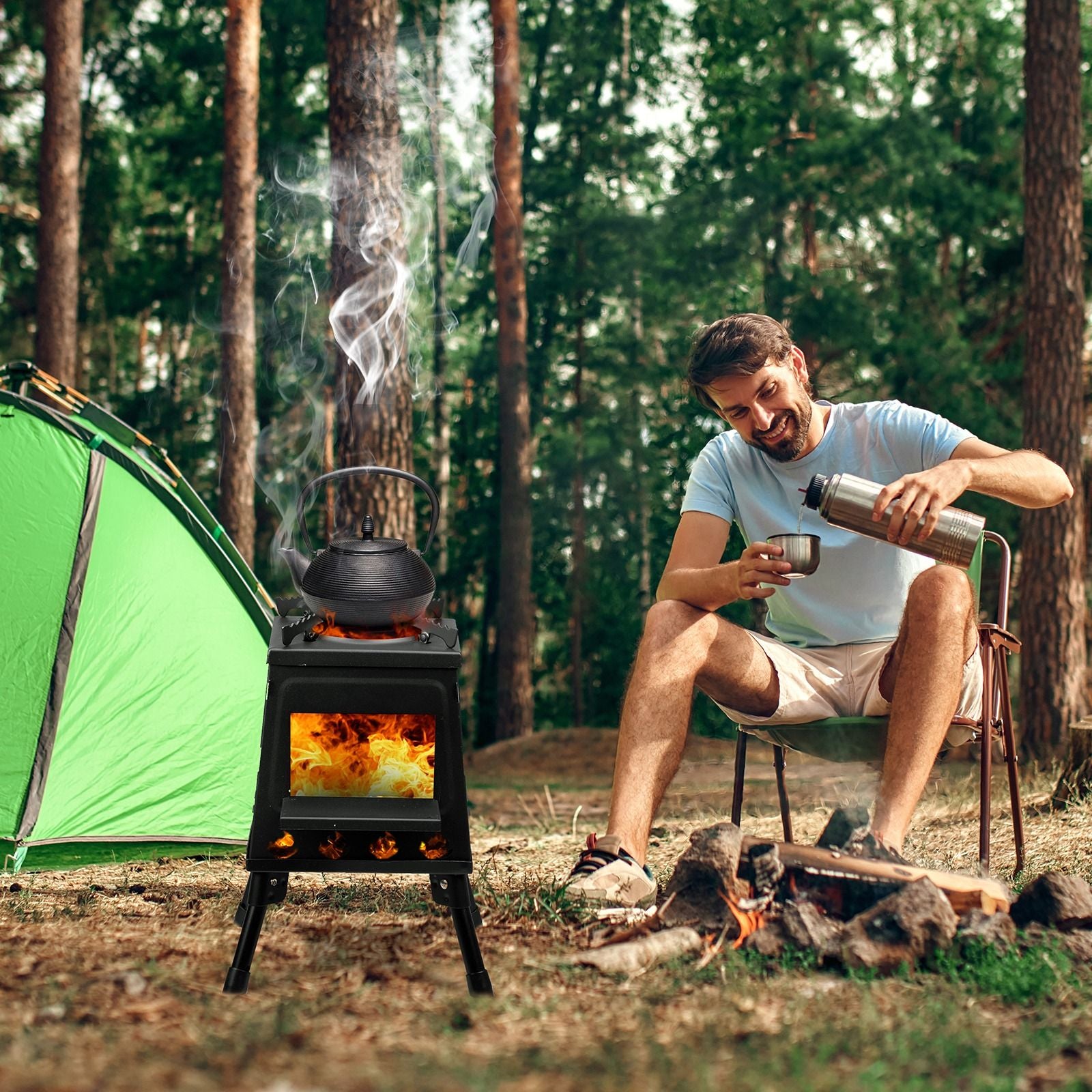 Portable Camping Stove with Detachable Iron Panels Black 27x27x34cm Lightweight Foldable Outdoor Wood Burning Fire Pit for Picnic BBQ Hiking Backpacking Compact Campfire Cooking Heater