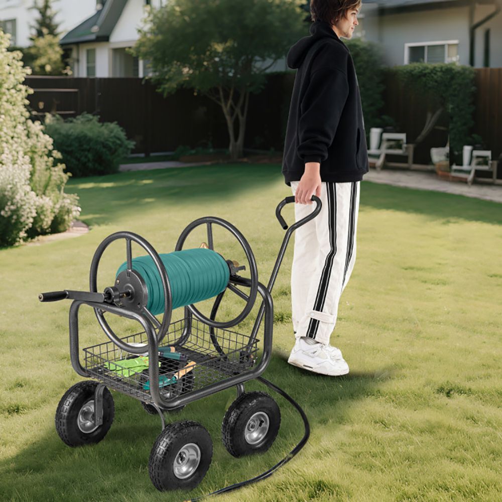 Garden Hose Reel Cart 300 Feet Large Capacity with 4 Wheels and Storage Basket