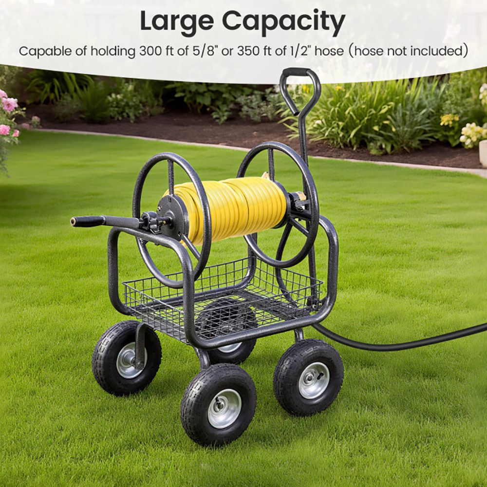 Garden Hose Reel Cart 300 Feet Large Capacity with 4 Wheels and Storage Basket