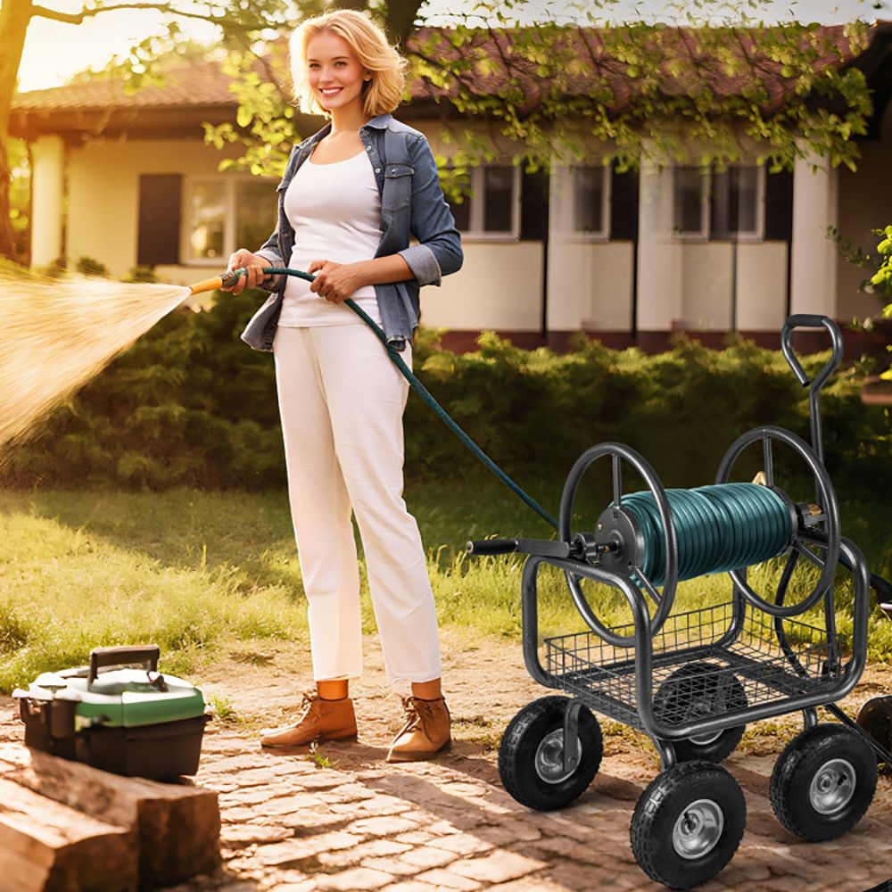 Garden Hose Reel Cart 300 Feet Large Capacity with 4 Wheels and Storage Basket