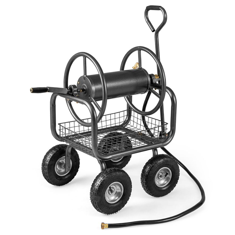 Garden Hose Reel Cart 300 Feet Large Capacity with 4 Wheels and Storage Basket