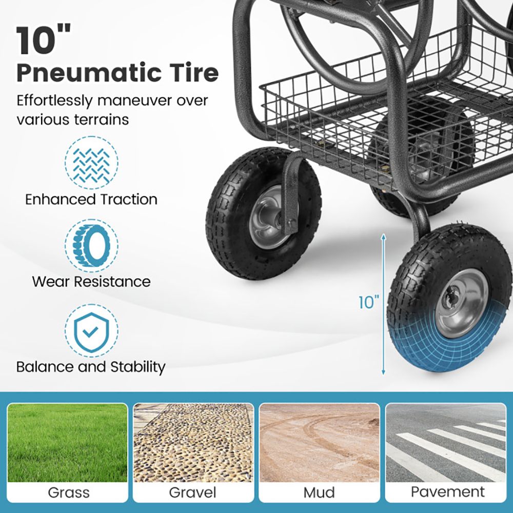 Garden Hose Reel Cart 300 Feet Large Capacity with 4 Wheels and Storage Basket