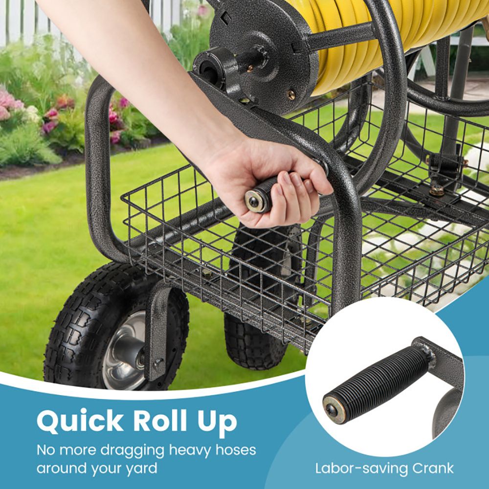 Garden Hose Reel Cart 300 Feet Large Capacity with 4 Wheels and Storage Basket