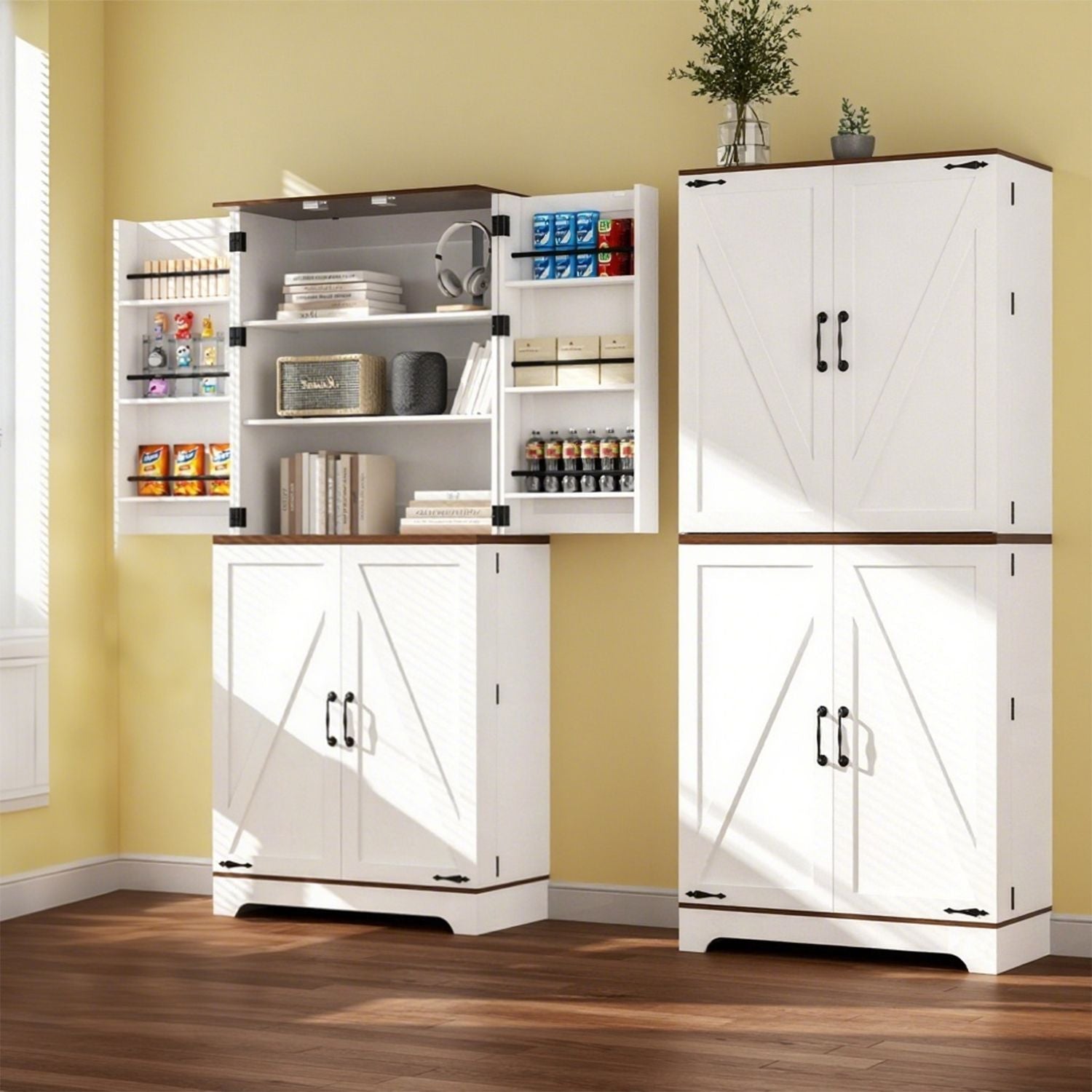 75" Tall Kitchen Pantry, Farmhouse Storage Cabinet with Barn Doors, Organizer, Drawer and Adjustable Shelves, Rustic Wood Cupboard for Kitchen, Dining Room, Bathroom, Off White/Brown