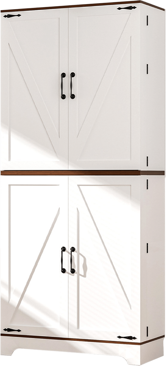 75" Tall Kitchen Pantry, Farmhouse Storage Cabinet with Barn Doors, Organizer, Drawer and Adjustable Shelves, Rustic Wood Cupboard for Kitchen, Dining Room, Bathroom, Off White/Brown