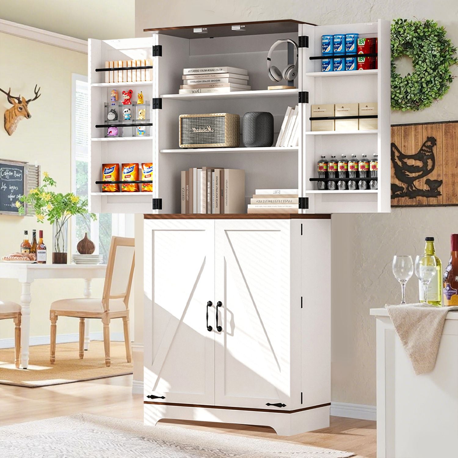 75" Tall Kitchen Pantry, Farmhouse Storage Cabinet with Barn Doors, Organizer, Drawer and Adjustable Shelves, Rustic Wood Cupboard for Kitchen, Dining Room, Bathroom, Off White/Brown