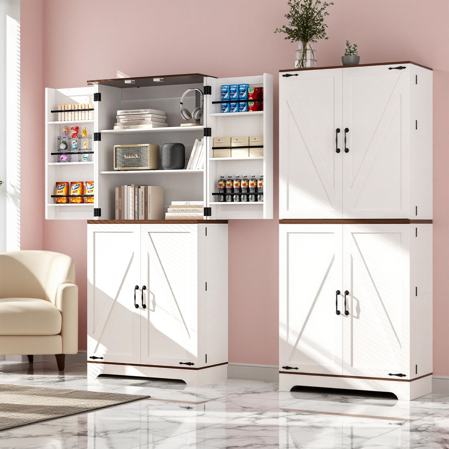 75" Tall Kitchen Pantry, Farmhouse Storage Cabinet with Barn Doors, Organizer, Drawer and Adjustable Shelves, Rustic Wood Cupboard for Kitchen, Dining Room, Bathroom, Off White/Brown