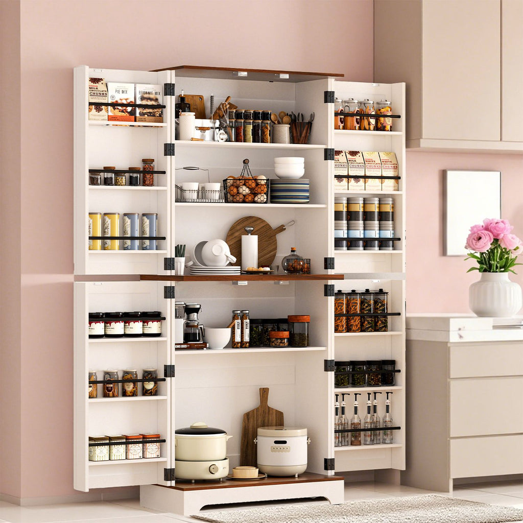 75" Tall Kitchen Pantry, Farmhouse Storage Cabinet with Barn Doors, Organizer, Drawer and Adjustable Shelves, Rustic Wood Cupboard for Kitchen, Dining Room, Bathroom, Off White/Brown