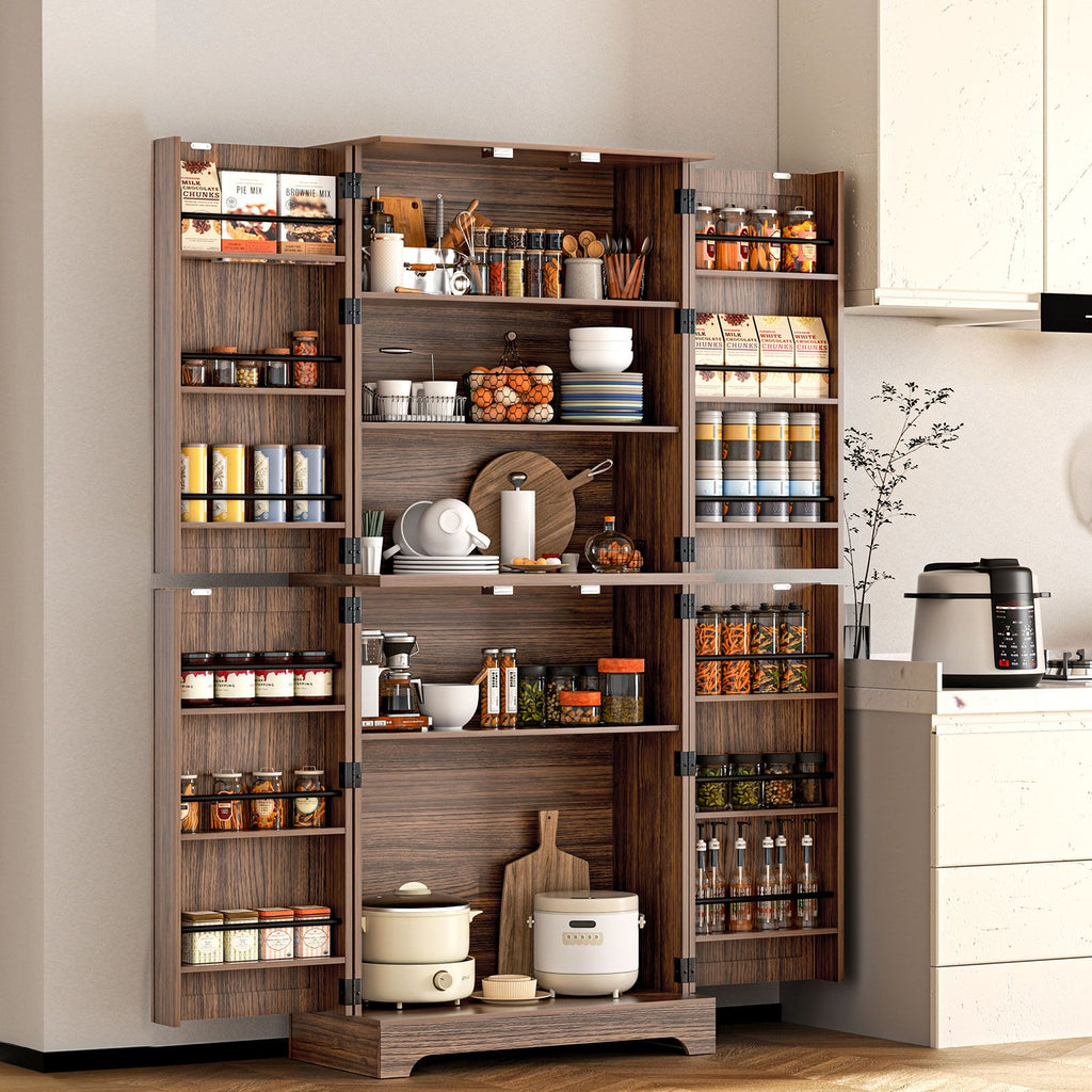 75" Tall Kitchen Pantry, Farmhouse Storage Cabinet with Barn Doors, Organizer, Drawer and Adjustable Shelves, Rustic Wood Cupboard for Kitchen, Dining Room, Bathroom, Off White/Brown