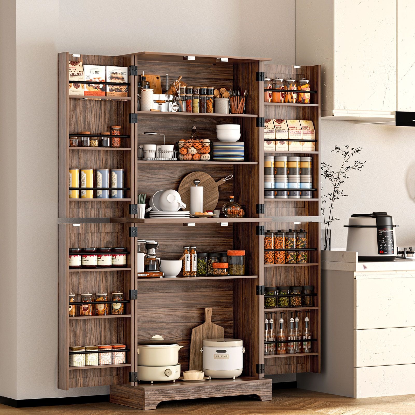 75" Tall Kitchen Pantry, Farmhouse Storage Cabinet with Barn Doors, Organizer, Drawer and Adjustable Shelves, Rustic Wood Cupboard for Kitchen, Dining Room, Bathroom, Off White/Brown