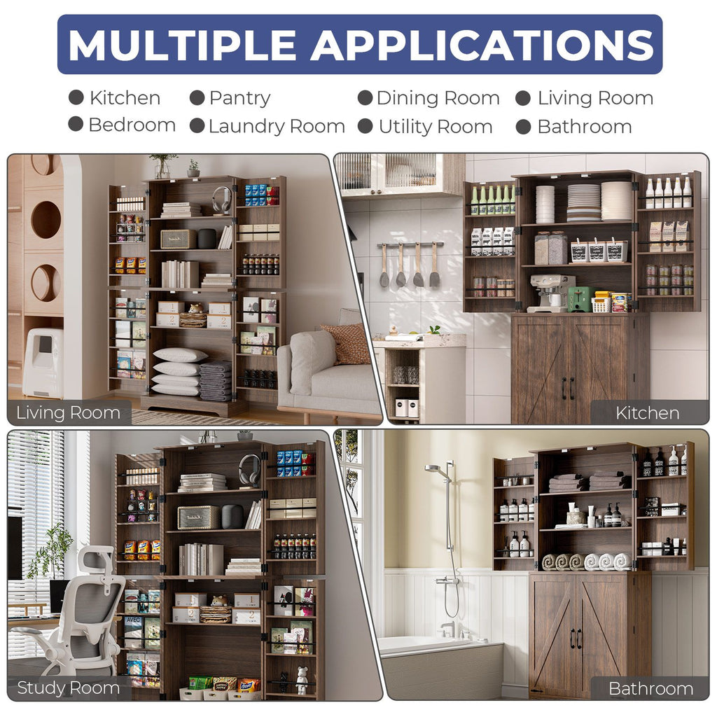 75" Tall Kitchen Pantry, Farmhouse Storage Cabinet with Barn Doors, Organizer, Drawer and Adjustable Shelves, Rustic Wood Cupboard for Kitchen, Dining Room, Bathroom, Off White/Brown