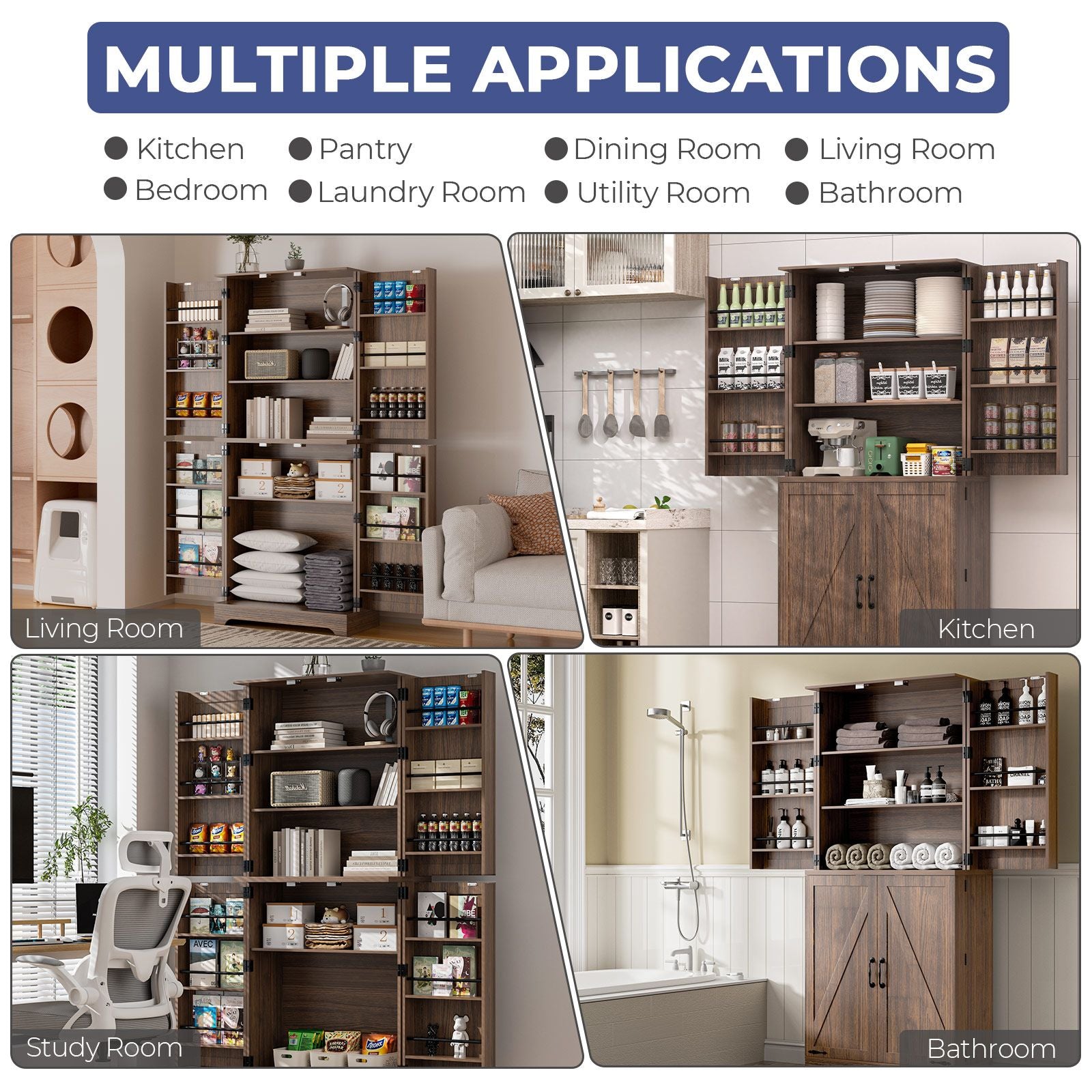 75" Tall Kitchen Pantry, Farmhouse Storage Cabinet with Barn Doors, Organizer, Drawer and Adjustable Shelves, Rustic Wood Cupboard for Kitchen, Dining Room, Bathroom, Off White/Brown