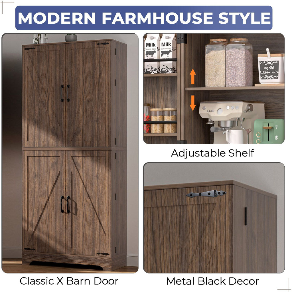 75" Tall Kitchen Pantry, Farmhouse Storage Cabinet with Barn Doors, Organizer, Drawer and Adjustable Shelves, Rustic Wood Cupboard for Kitchen, Dining Room, Bathroom, Off White/Brown