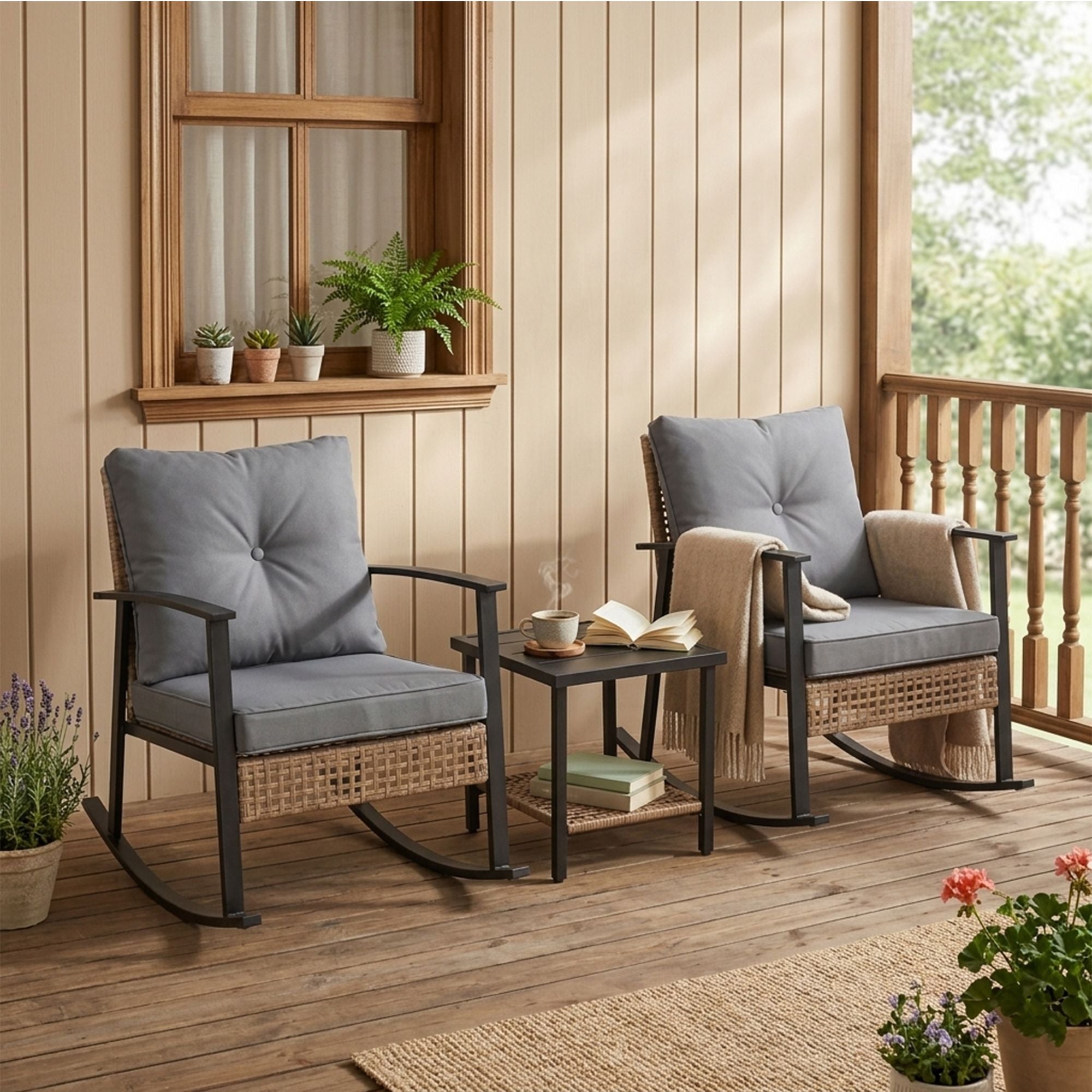 Yellow Pattern Rattan 3-Piece Set with 2 rocking chairs and 1 matching coffee table, delicate hand-woven rattan, comfortable structure, ideal leisure furniture for balcony, patio and garden.