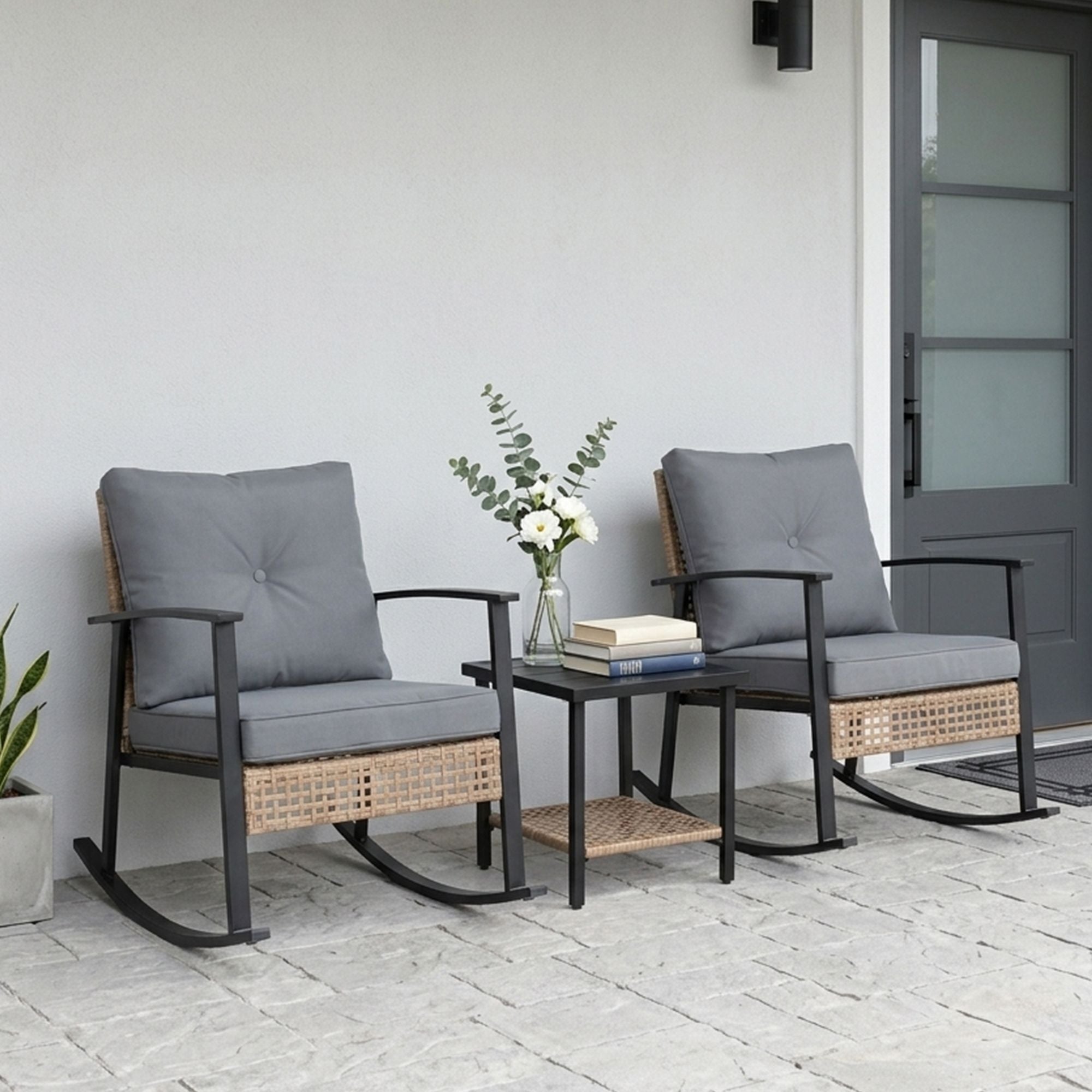 Yellow Pattern Rattan 3-Piece Set with 2 rocking chairs and 1 matching coffee table, delicate hand-woven rattan, comfortable structure, ideal leisure furniture for balcony, patio and garden.