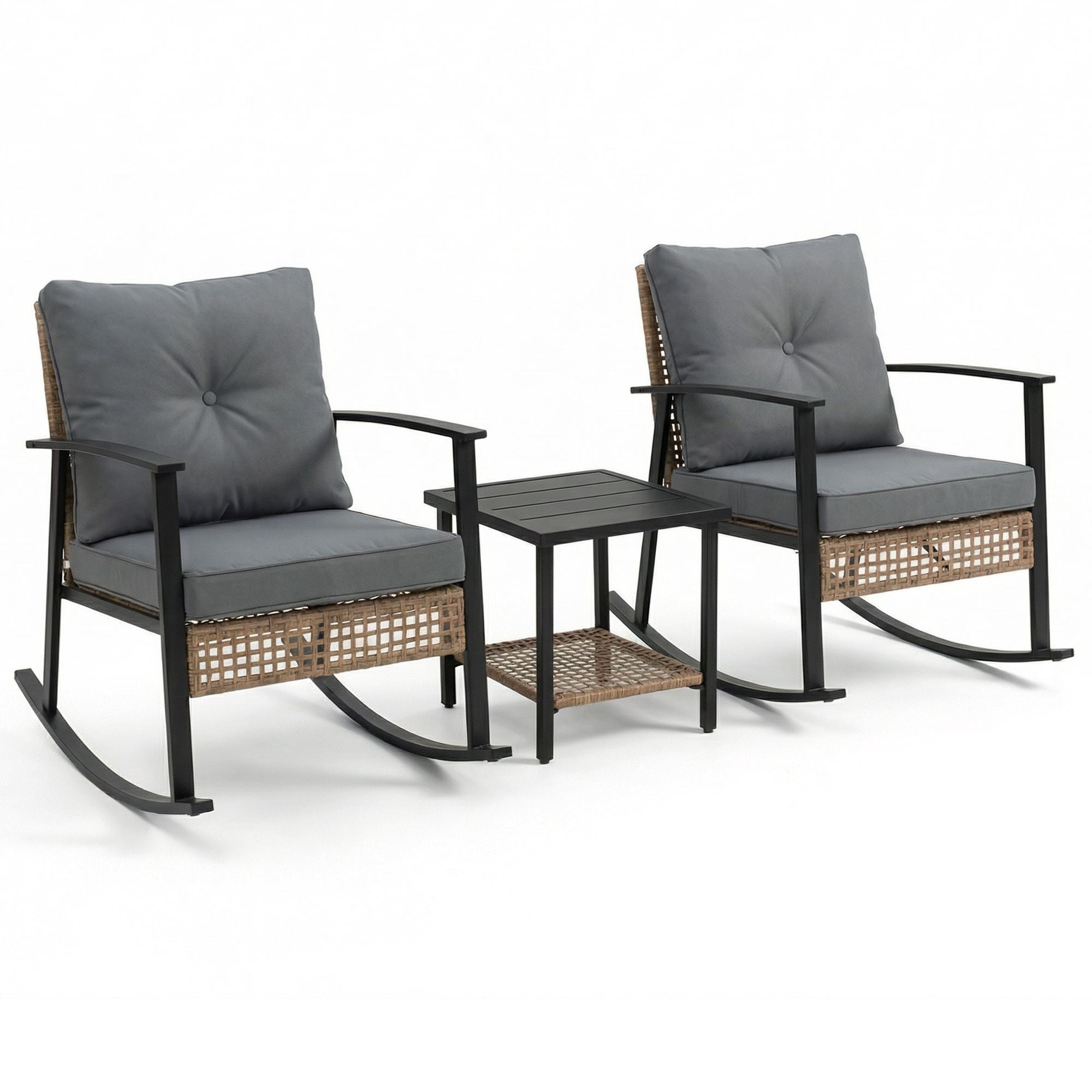 Yellow Pattern Rattan 3-Piece Set with 2 rocking chairs and 1 matching coffee table, delicate hand-woven rattan, comfortable structure, ideal leisure furniture for balcony, patio and garden.