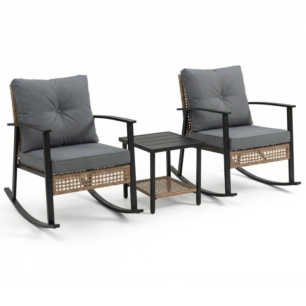 Yellow Pattern Rattan 3-Piece Set with 2 rocking chairs and 1 matching coffee table, delicate hand-woven rattan, comfortable structure, ideal leisure furniture for balcony, patio and garden.