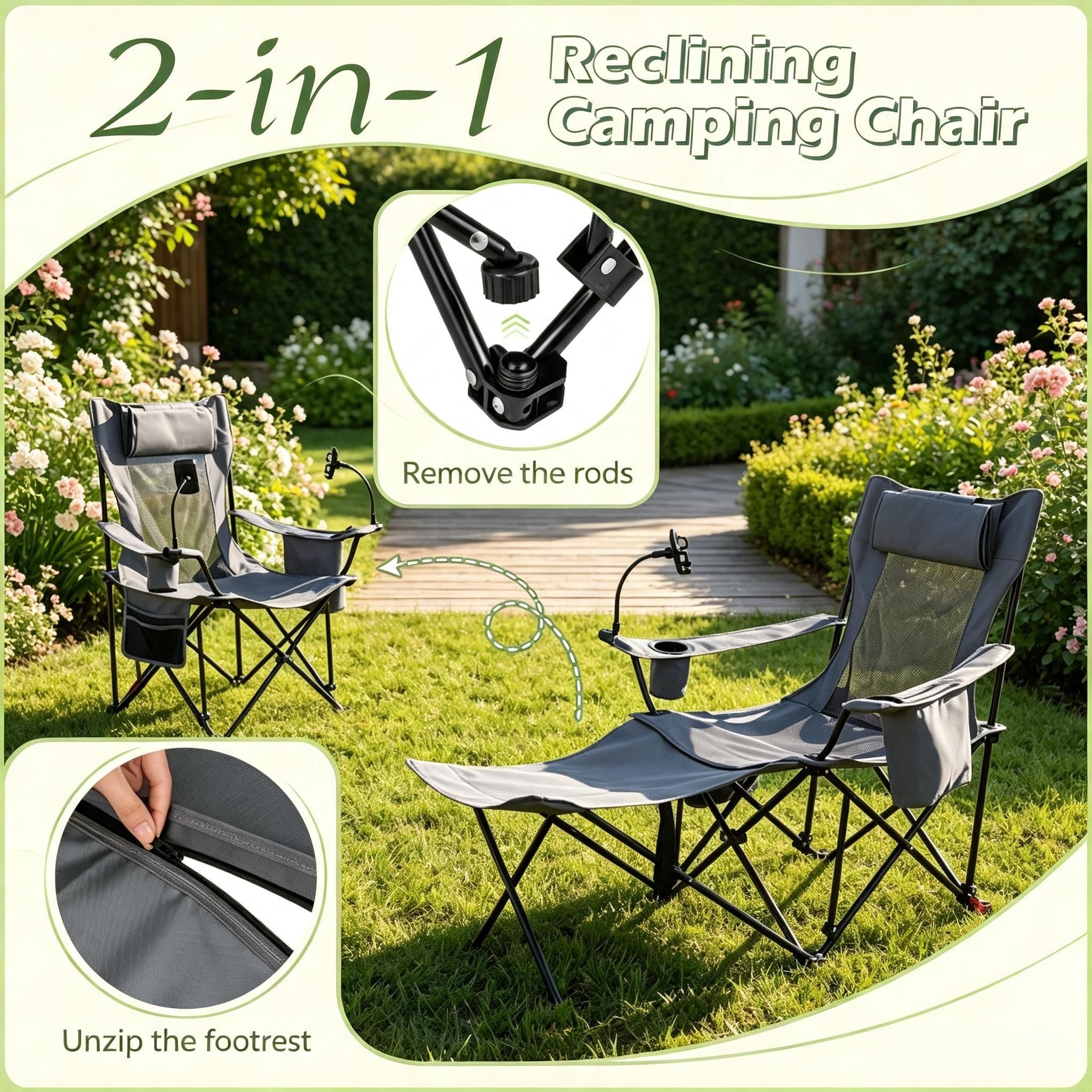 Outdoor Camping Reclining Chair 2 in 1 with 3 Level Adjustable Backrest Lightweight Portable Folding Chair for Picnic Travel Hiking