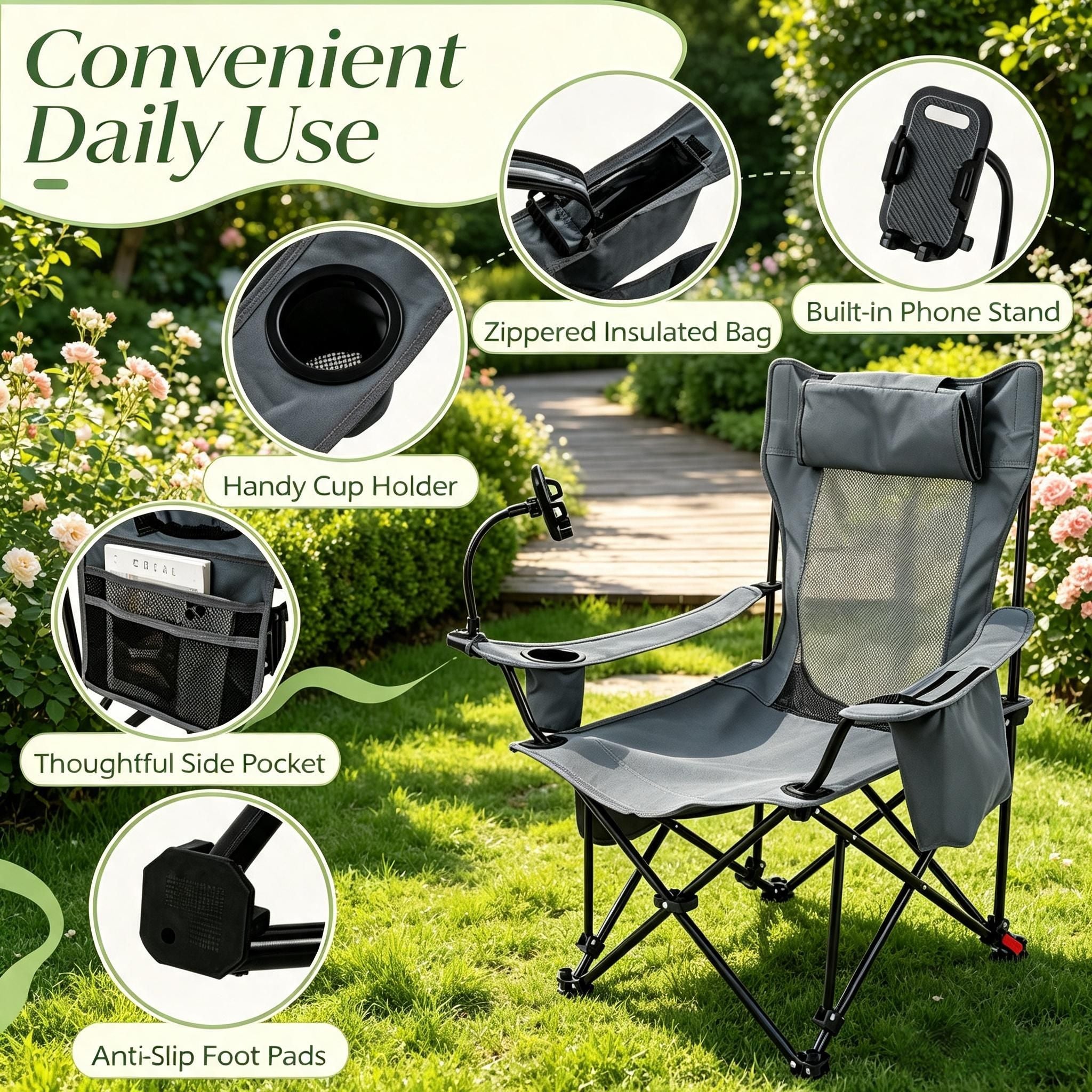 Outdoor Camping Reclining Chair 2 in 1 with 3 Level Adjustable Backrest Lightweight Portable Folding Chair for Picnic Travel Hiking