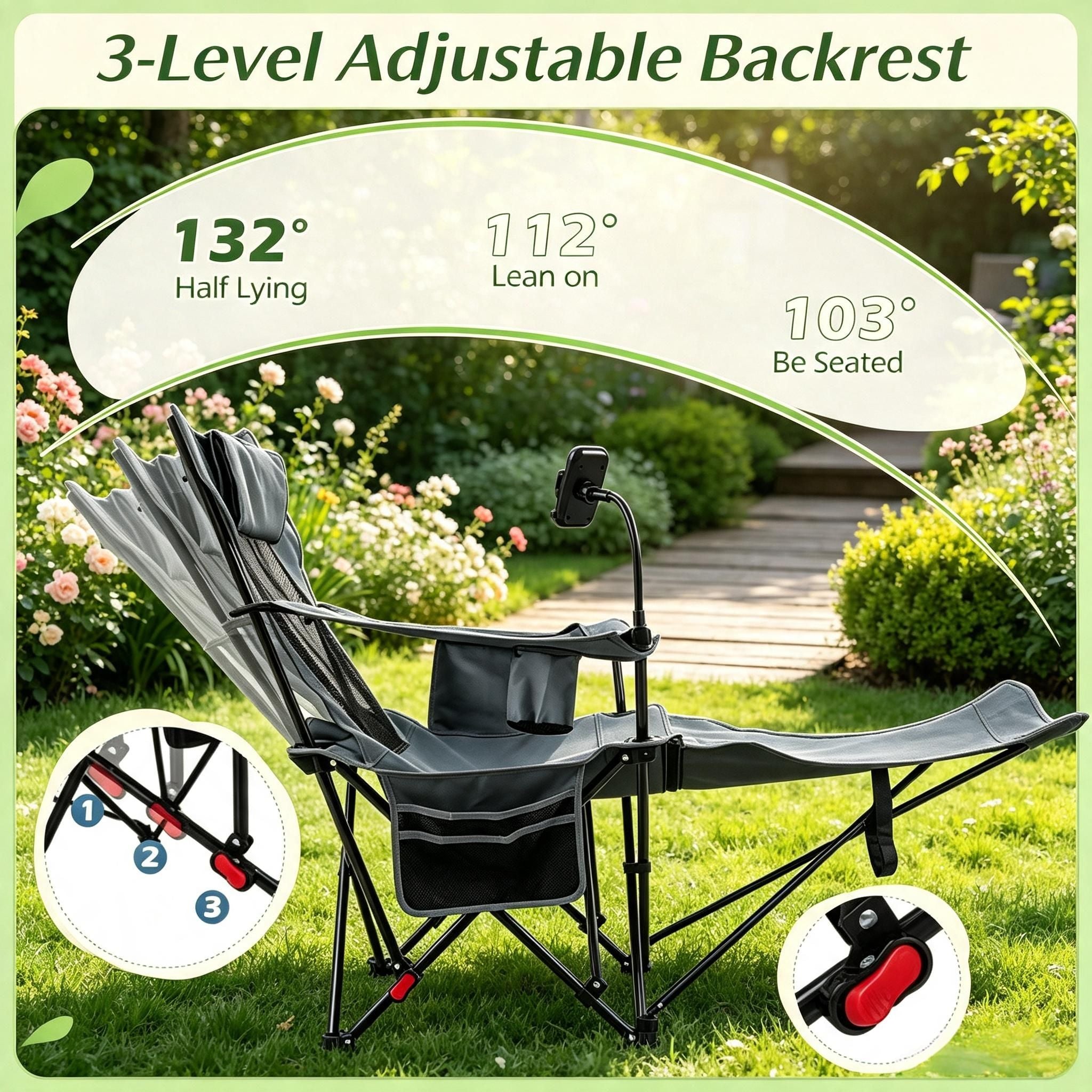 Outdoor Camping Reclining Chair 2 in 1 with 3 Level Adjustable Backrest Lightweight Portable Folding Chair for Picnic Travel Hiking