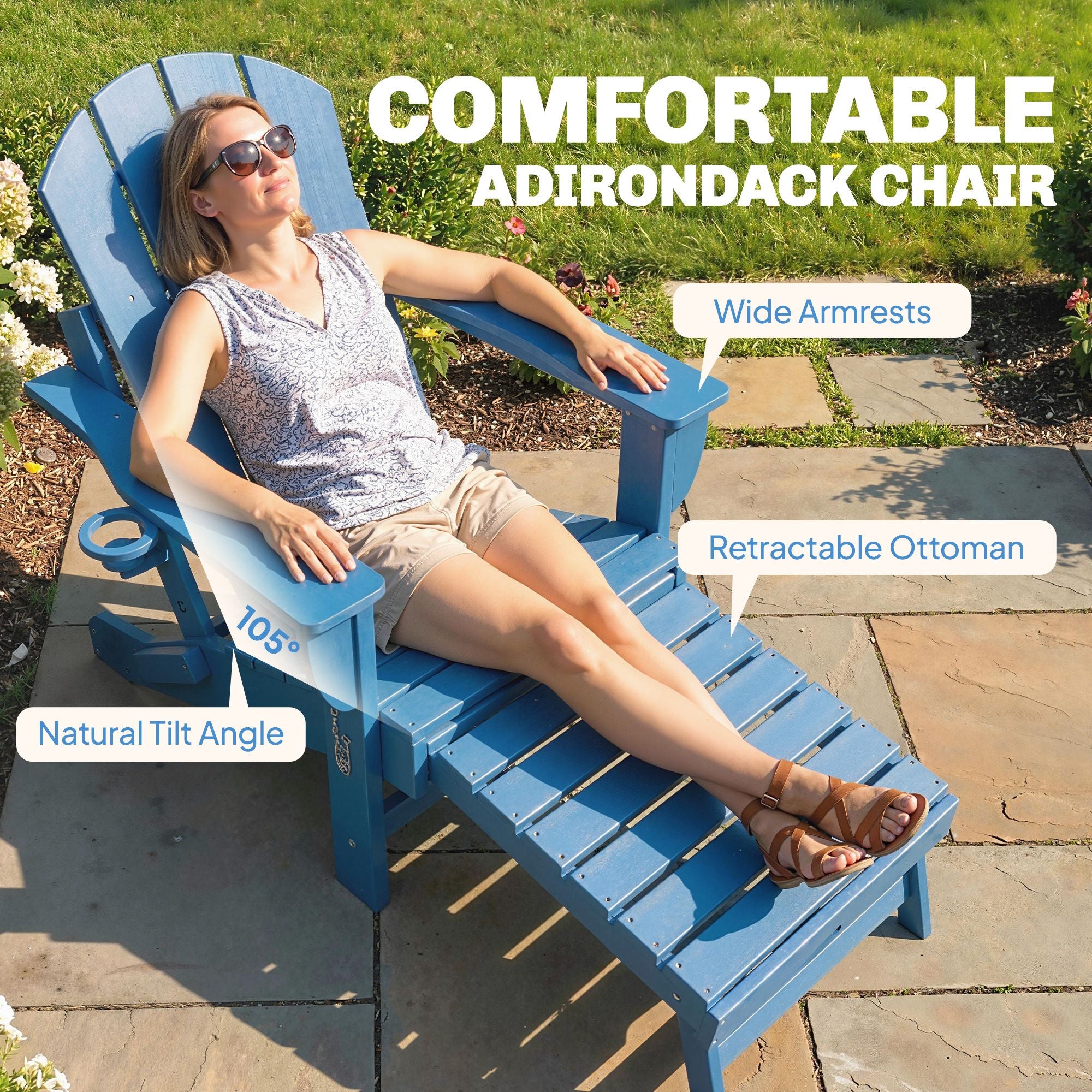 Folding Adirondack Chair Set of 2, HDPE Fire Pit Chair with Retractable Ottoman and Cup Holder, Blue