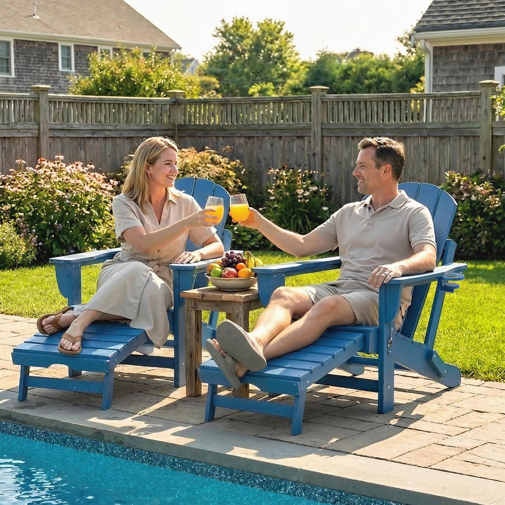 Folding Adirondack Chair Set of 2, HDPE Fire Pit Chair with Retractable Ottoman and Cup Holder, Blue
