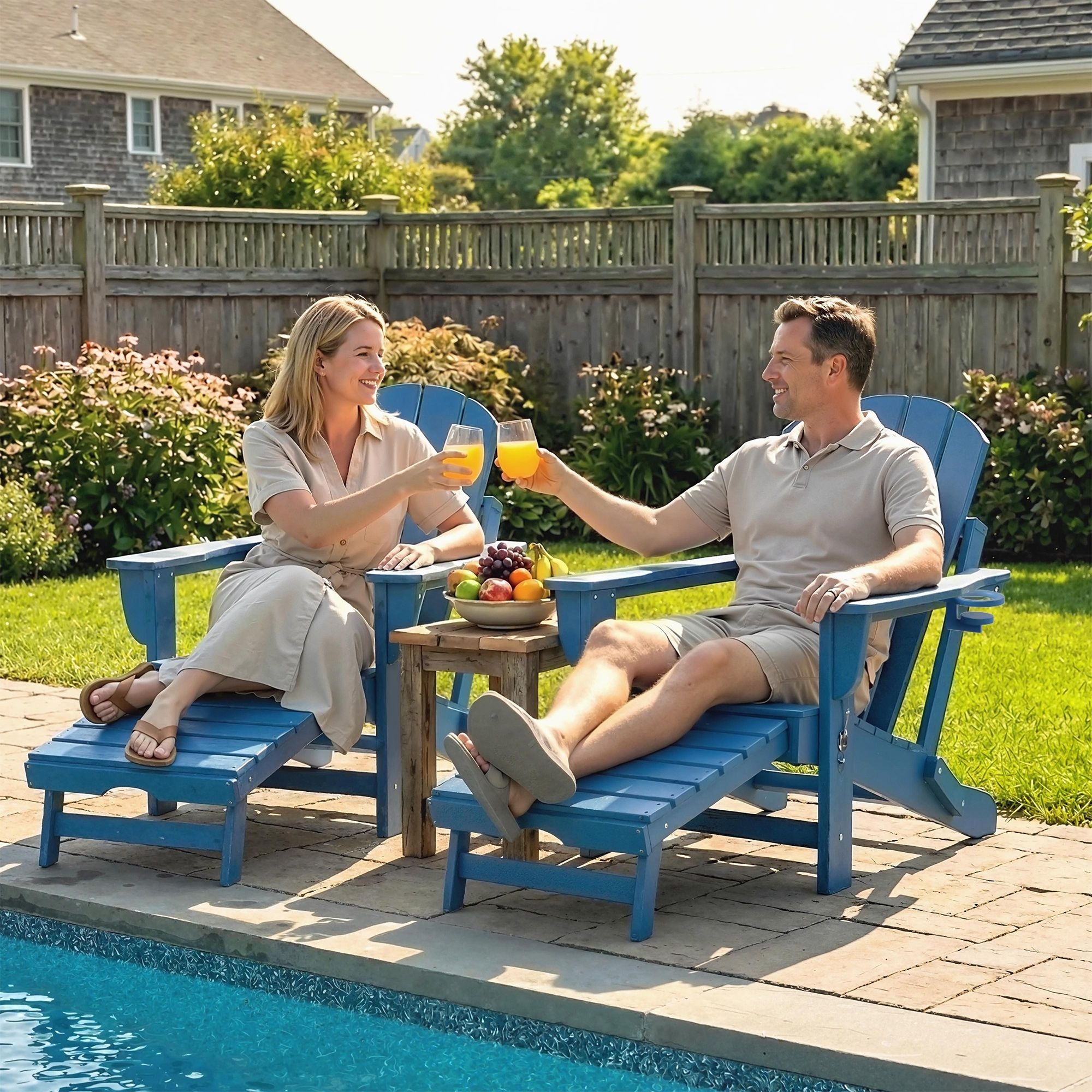 Folding Adirondack Chair Set of 2, HDPE Fire Pit Chair with Retractable Ottoman and Cup Holder, Blue