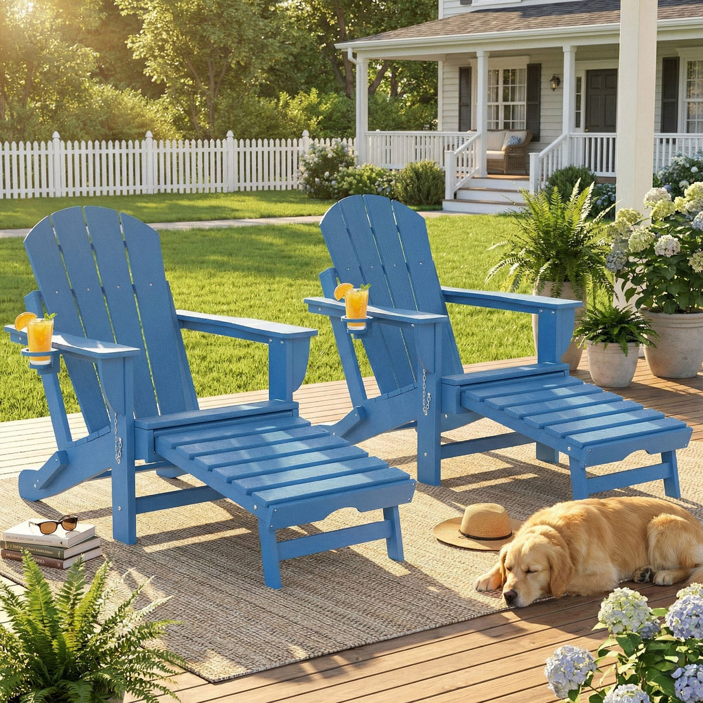 Folding Adirondack Chair Set of 2, HDPE Fire Pit Chair with Retractable Ottoman and Cup Holder, Blue