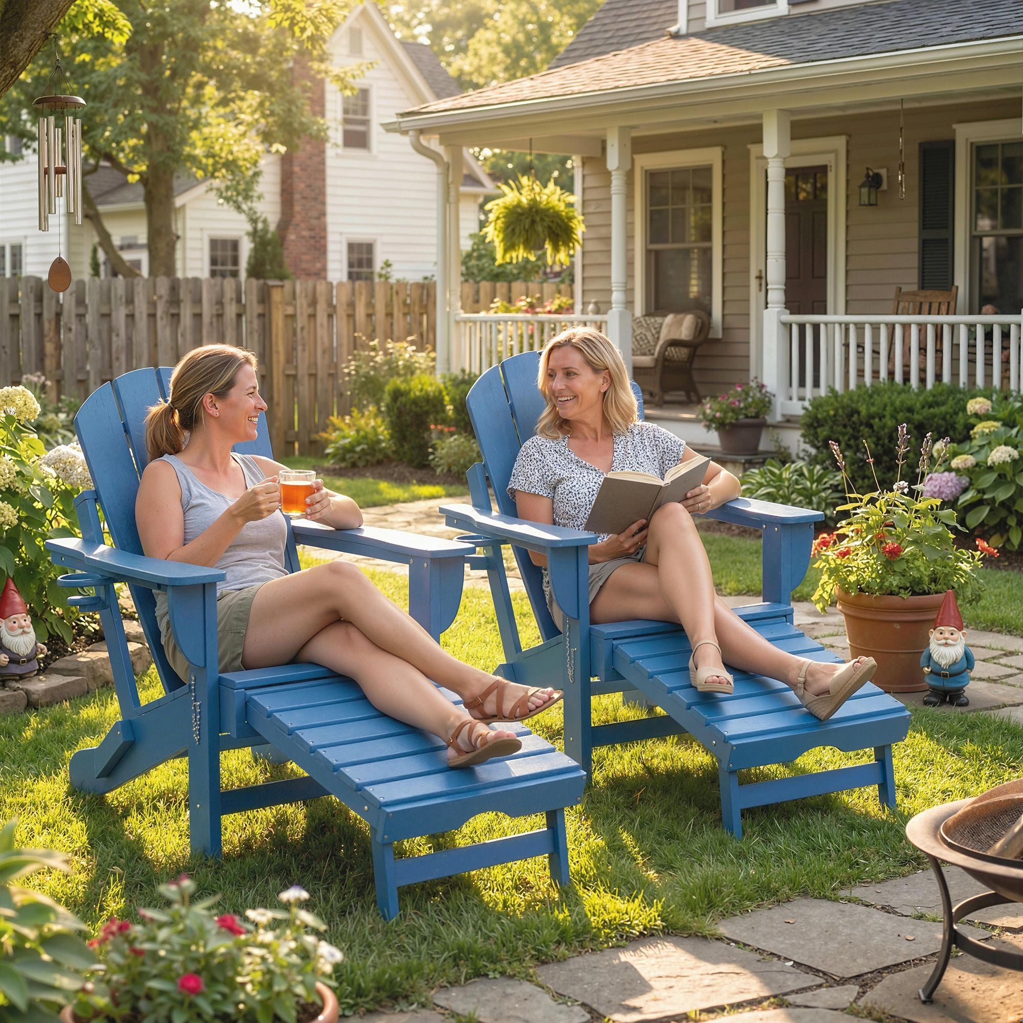 Folding Adirondack Chair Set of 2, HDPE Fire Pit Chair with Retractable Ottoman and Cup Holder, Blue