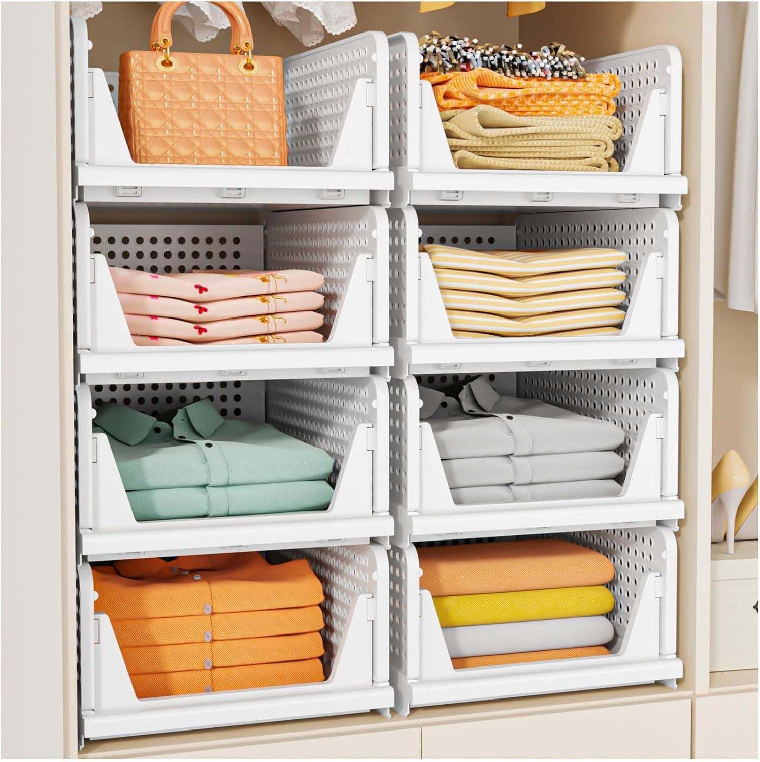 5 Pack Stackable Closet Storage Basket, Multifunctional Foldable Closet Organizer for Bathroom Kitchen Laundry Room Wardrobe Storage, Space-Saving Clothes Storage Drawer Organizer, White