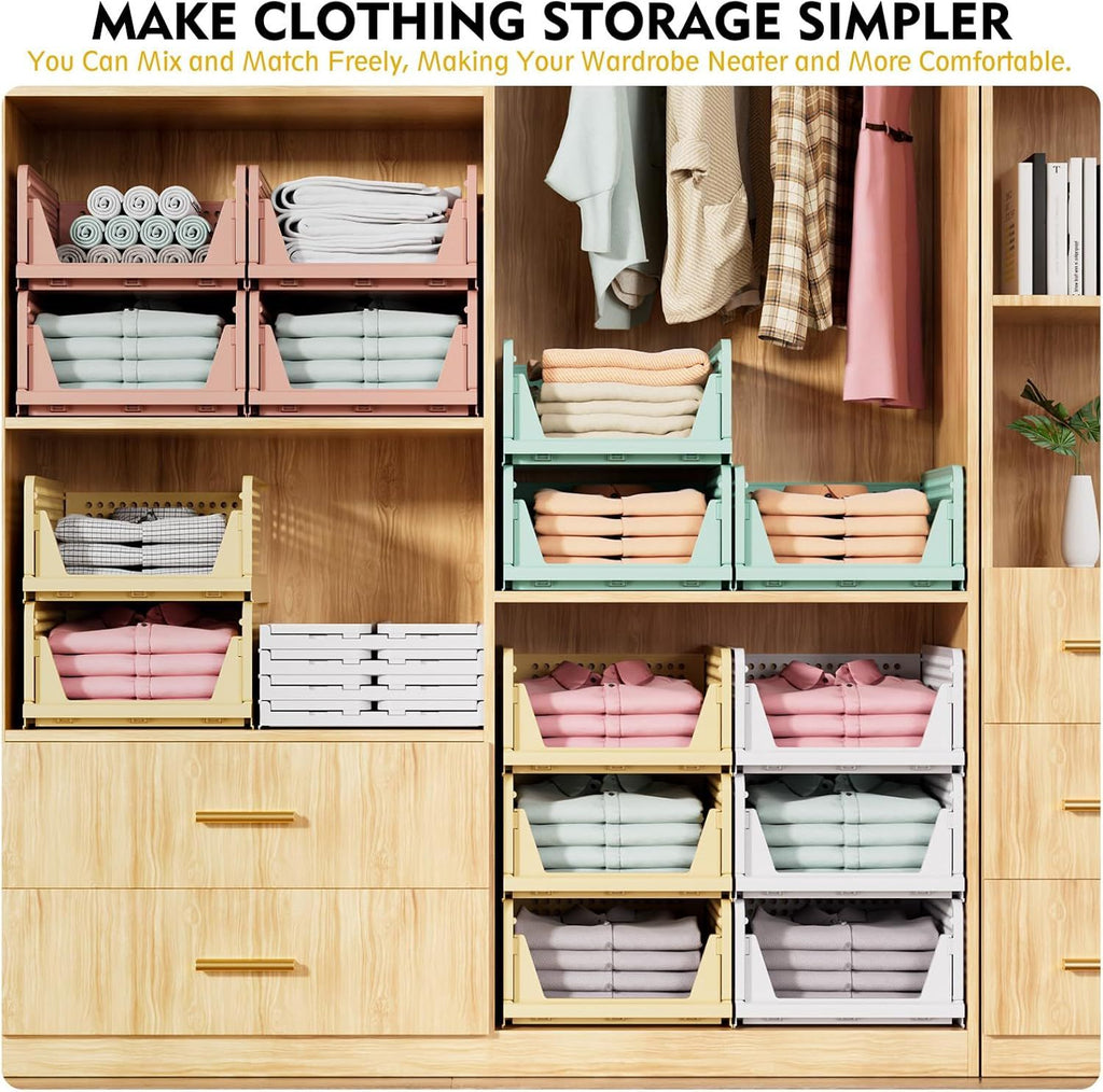 5 Pack Stackable Closet Storage Basket, Multifunctional Foldable Closet Organizer for Bathroom Kitchen Laundry Room Wardrobe Storage, Space-Saving Clothes Storage Drawer Organizer, White
