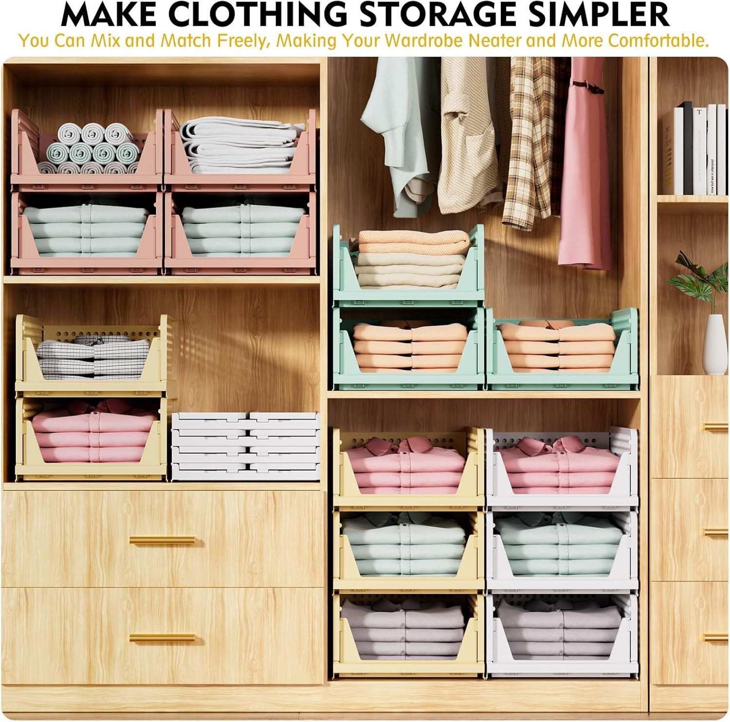 5 Pack Stackable Closet Storage Basket, Multifunctional Foldable Closet Organizer for Bathroom Kitchen Laundry Room Wardrobe Storage, Space-Saving Clothes Storage Drawer Organizer, White
