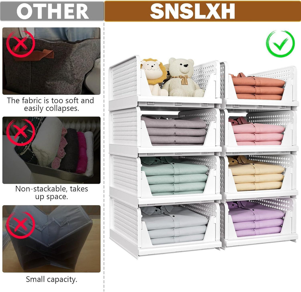 5 Pack Stackable Closet Storage Basket, Multifunctional Foldable Closet Organizer for Bathroom Kitchen Laundry Room Wardrobe Storage, Space-Saving Clothes Storage Drawer Organizer, White