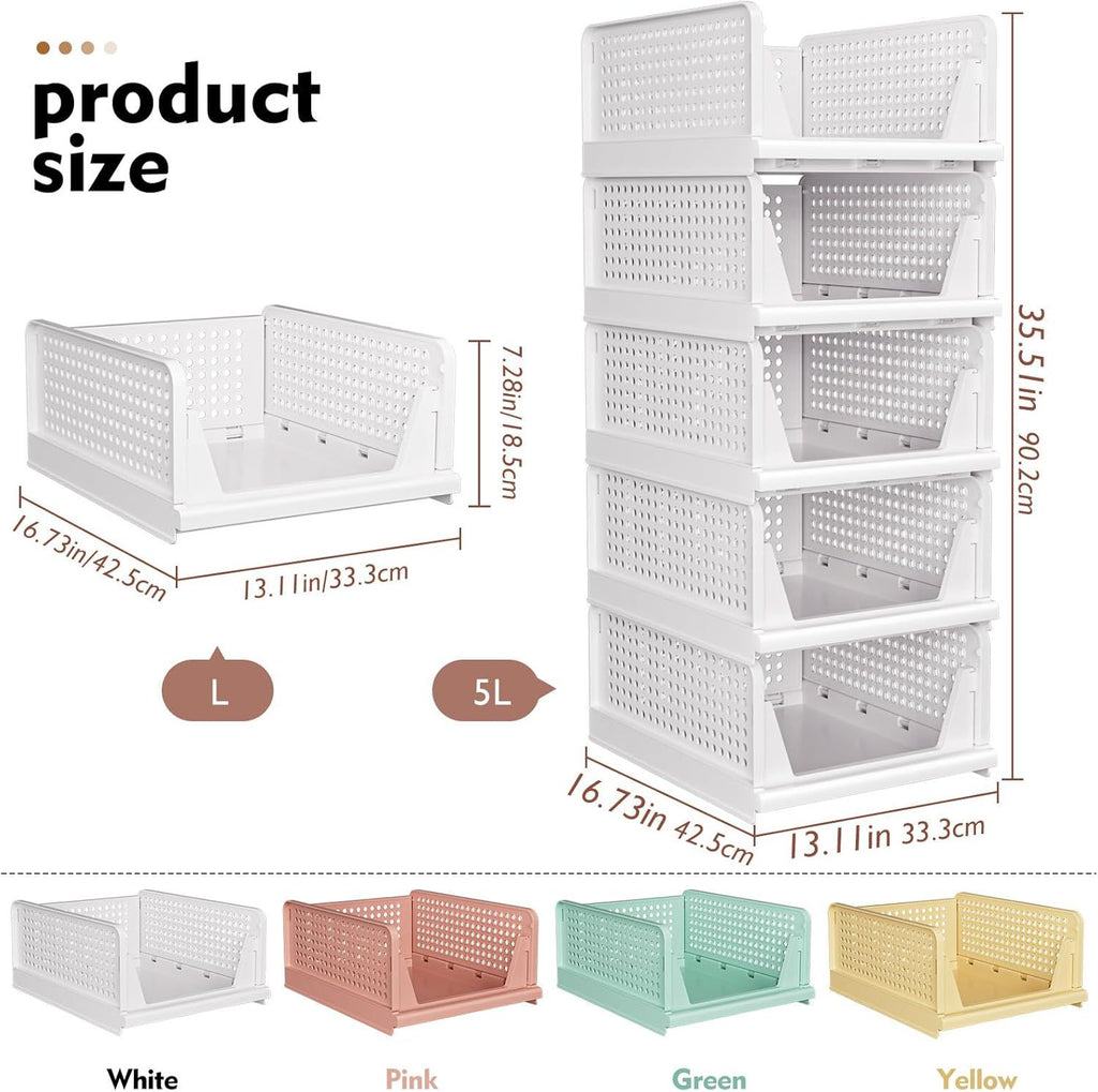5 Pack Stackable Closet Storage Basket, Multifunctional Foldable Closet Organizer for Bathroom Kitchen Laundry Room Wardrobe Storage, Space-Saving Clothes Storage Drawer Organizer, White