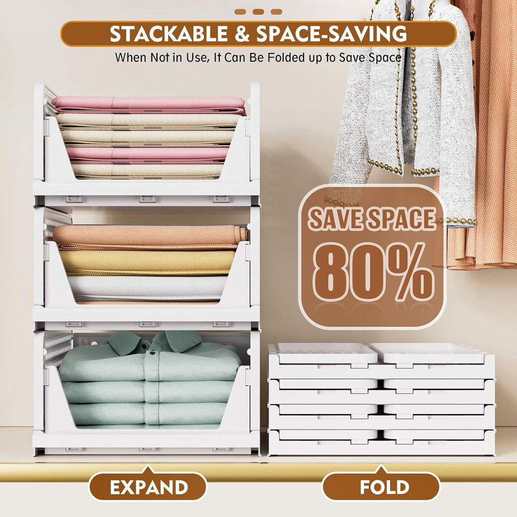 5 Pack Stackable Closet Storage Basket, Multifunctional Foldable Closet Organizer for Bathroom Kitchen Laundry Room Wardrobe Storage, Space-Saving Clothes Storage Drawer Organizer, White