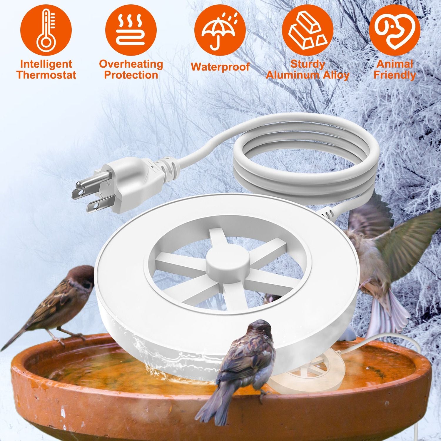 70W Bird Bath Heater for Outdoors Winter Heated Bird Bath Deicer Waterproof Aluminum Alloy Water Heater with Thermostat Auto Shutdown for Yard Patio Farm